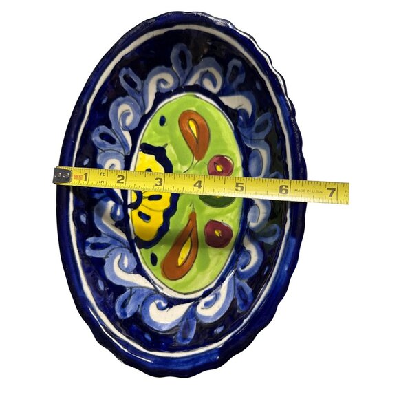 Handcrafted Mexican Talavera by Q Blue Ceramic Oval Serving Bowl 9.25" x 6.25" - Picture 5 of 7